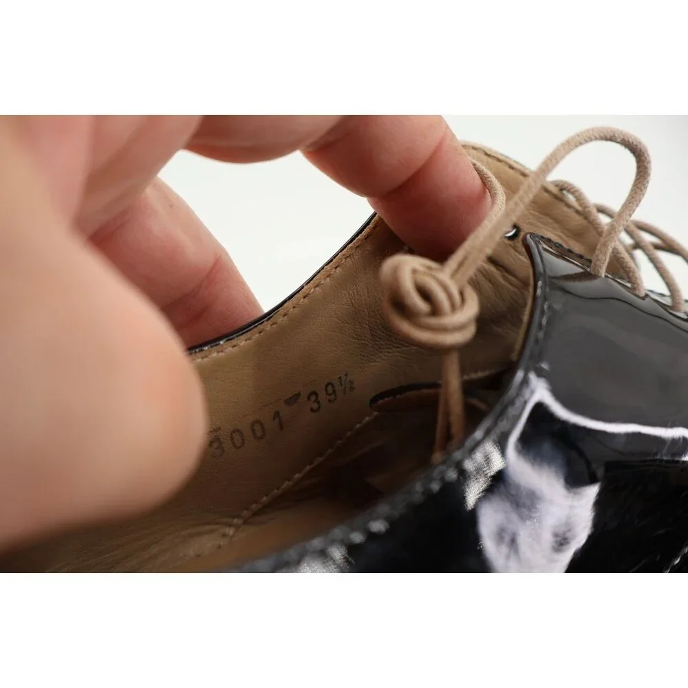 AGL Italy Women's Loafer Size 39.5 9.5 Black Leather Lace Up Loafer Flat Shoes